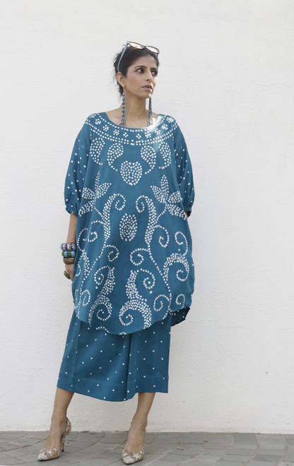 Bandhani Teal Blue Cotton Co-ord Set : Buy Palazzo Pant Kurta Cotton Co-ord Set 'Bela Baahar'