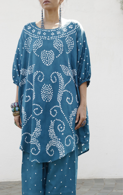 Bandhani Teal Blue Cotton Co-ord Set : Buy Palazzo Pant Kurta Cotton Co-ord Set 'Bela Baahar'