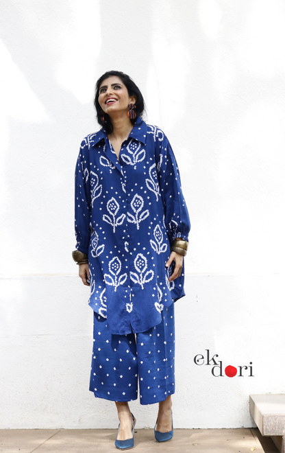 Bandhani 'Neeli Kali' Blue Cotton Co-ord Set : Buy Kurta Palazzo Cotton Co-ord Set