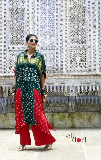 Bandhani Ajrakh Modal Kaftan Kurta Palazzo Co-ord Set | 'Desert Duel' | Ek Dori