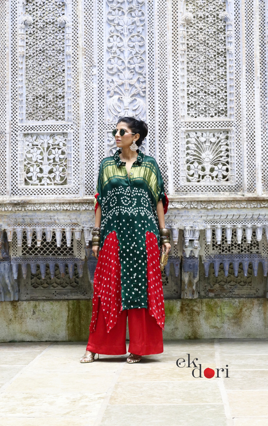 Bandhani Ajrakh Modal Kaftan Kurta Palazzo Co-ord Set | 'Desert Duel' | Ek Dori