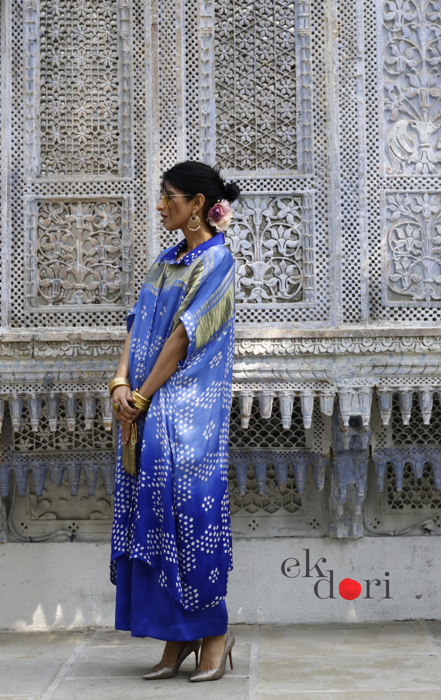 Bandhani Blue White Modal Co-ord Set : Buy Kurta Palazzo Modal Co-ord Set 'Bela'