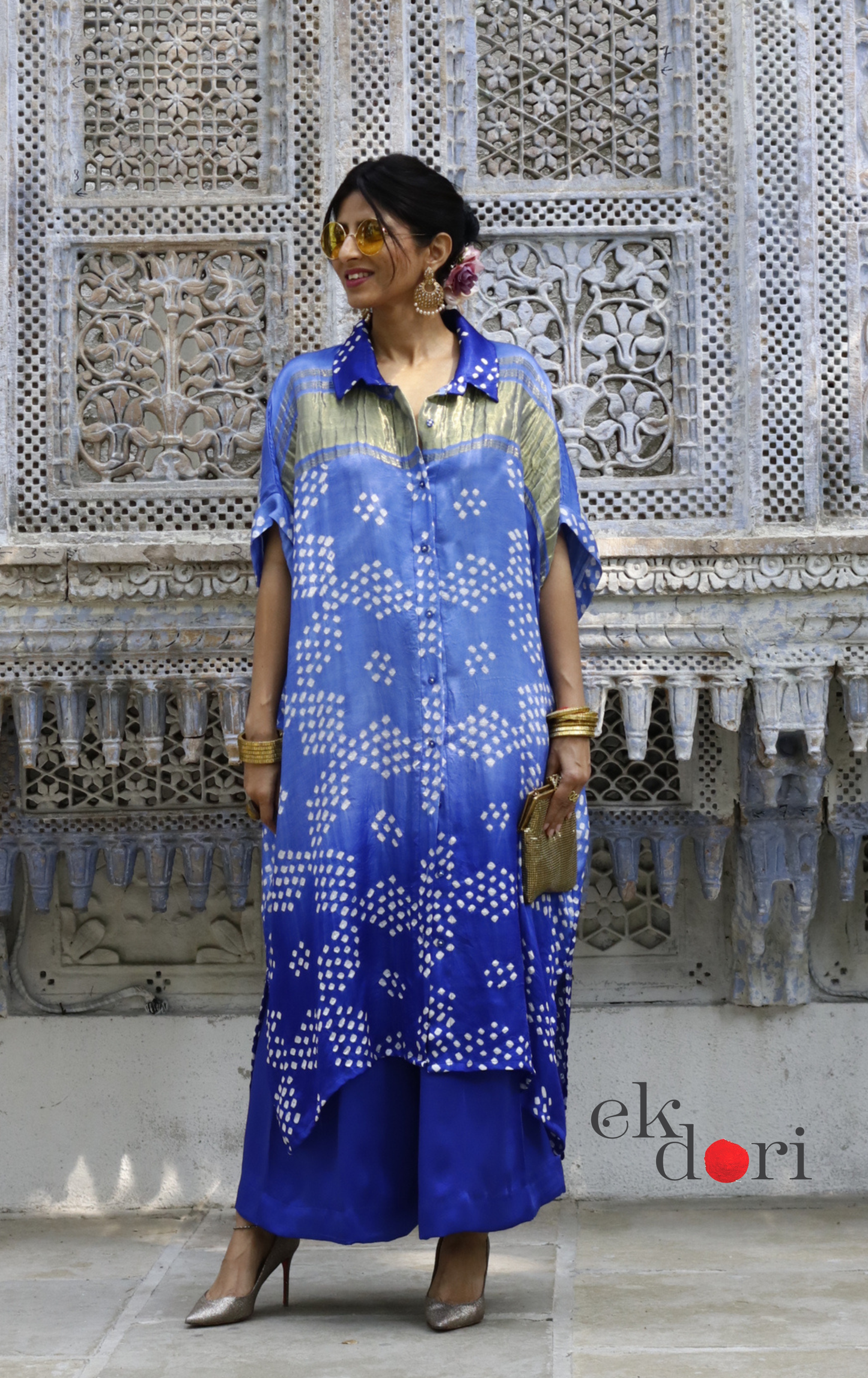 Bandhani Blue White Modal Co-ord Set : Buy Kurta Palazzo Modal Co-ord Set 'Bela'