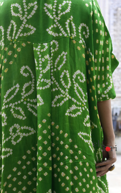 Bandhani Kaftan Kurta Dress 'Mirchi Green' : Modal Bandhani Kaftan Kurta Palazzo Set I Free Size