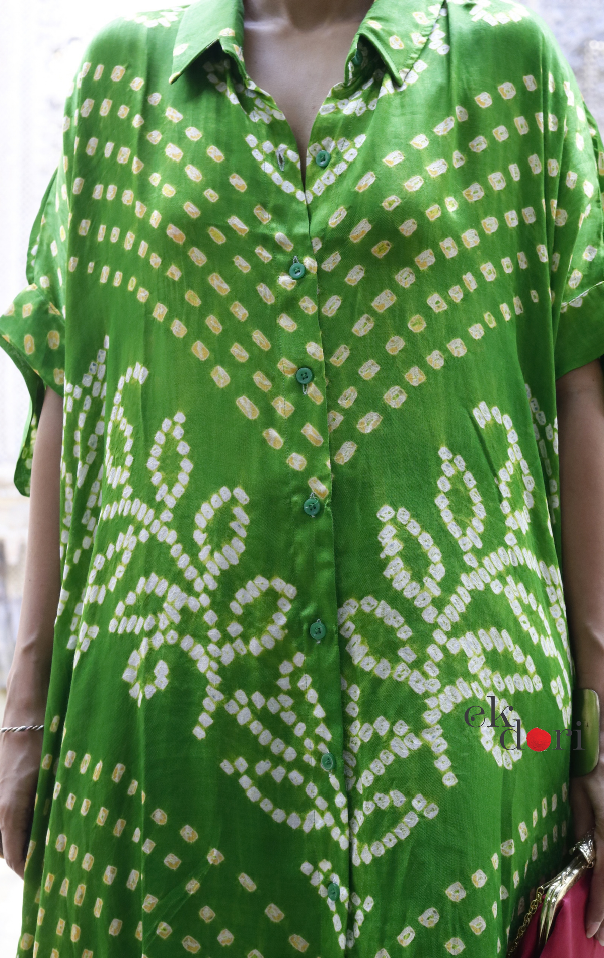 Bandhani Kaftan Kurta Dress 'Mirchi Green' : Modal Bandhani Kaftan Kurta Palazzo Set I Free Size
