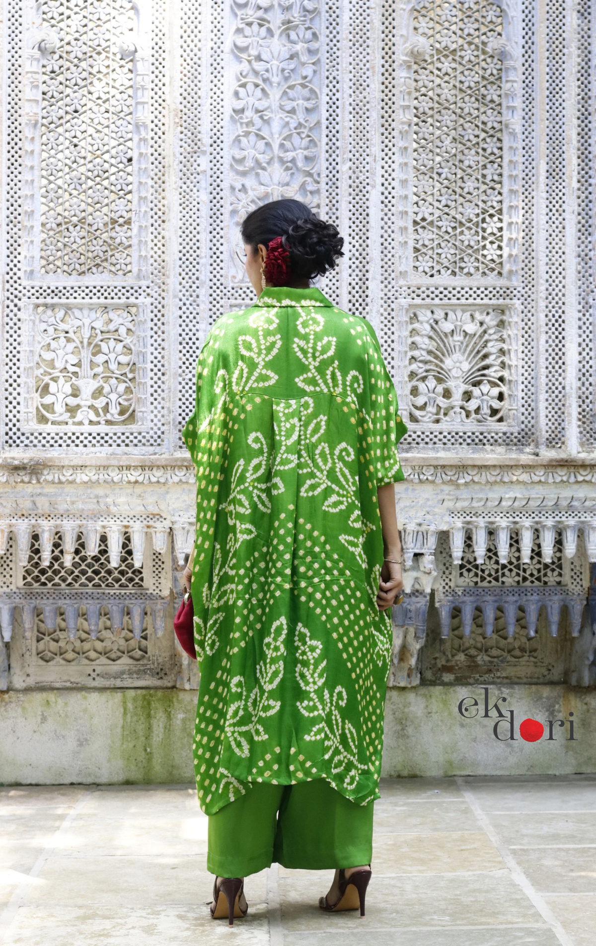 Bandhani Kaftan Kurta Dress 'Mirchi Green' : Modal Bandhani Kaftan Kurta Palazzo Set I Free Size