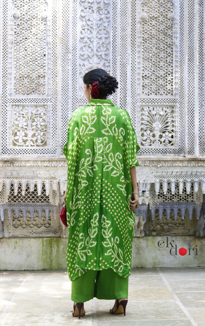 Bandhani Kaftan Kurta Dress 'Mirchi Green' : Modal Bandhani Kaftan Kurta Palazzo Set I Free Size