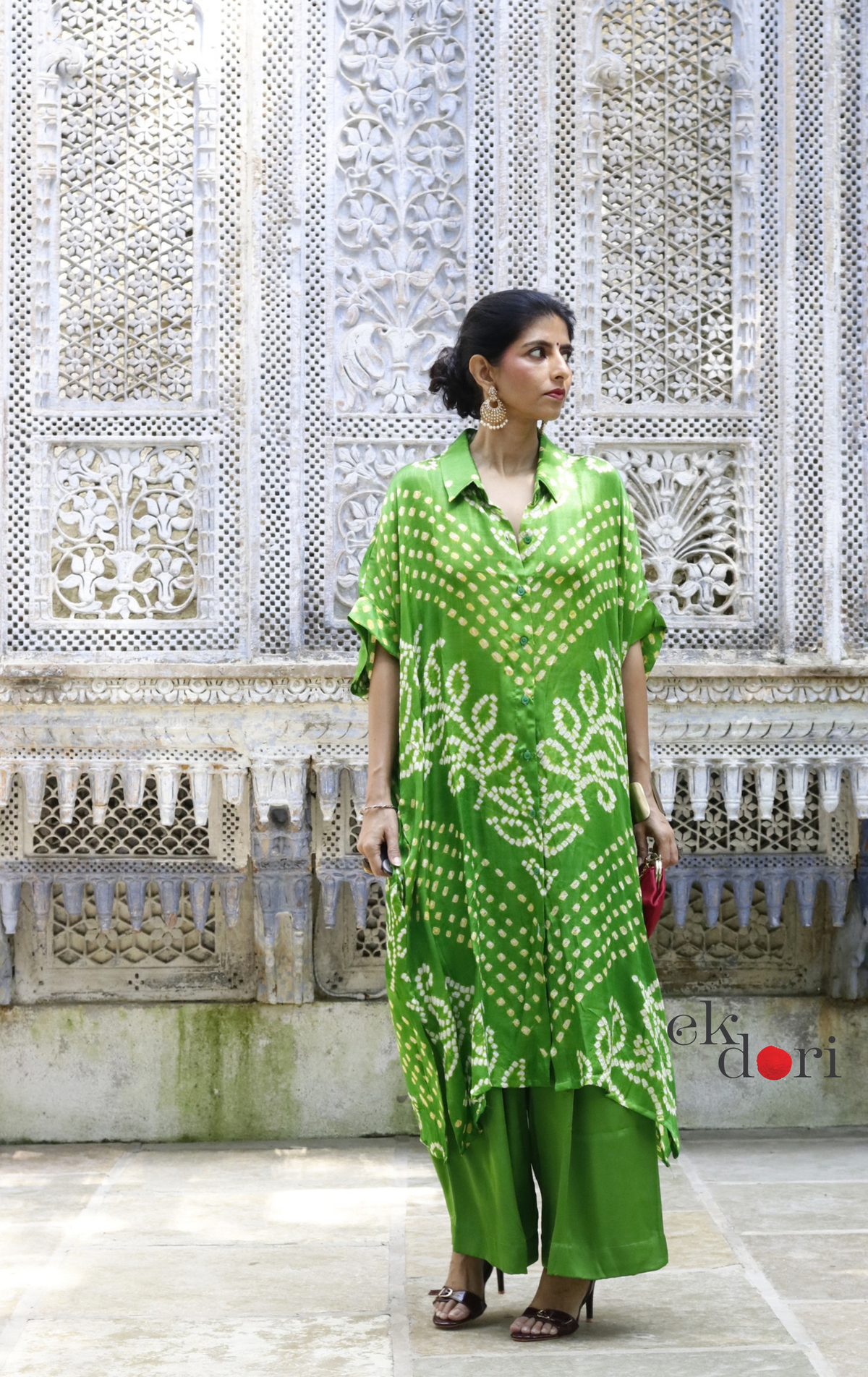 Bandhani Kaftan Kurta Dress 'Mirchi Green' : Modal Bandhani Kaftan Kurta Palazzo Set I Free Size