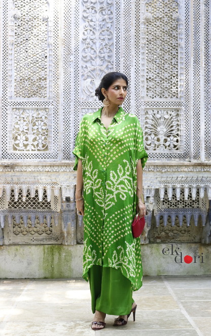 Bandhani Kaftan Kurta Dress 'Mirchi Green' : Modal Bandhani Kaftan Kurta Palazzo Set I Free Size