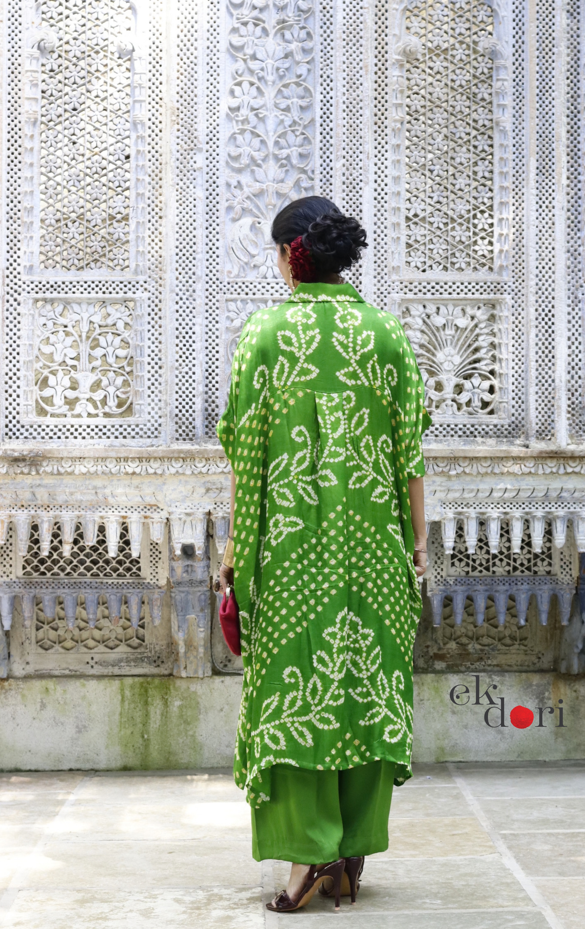 Bandhani Kaftan Kurta Dress 'Mirchi Green' : Modal Bandhani Kaftan Kurta Palazzo Set I Free Size