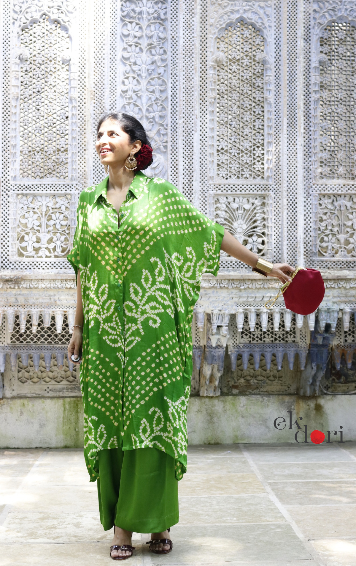Bandhani Kaftan Kurta Dress 'Mirchi Green' : Modal Bandhani Kaftan Kurta Palazzo Set I Free Size