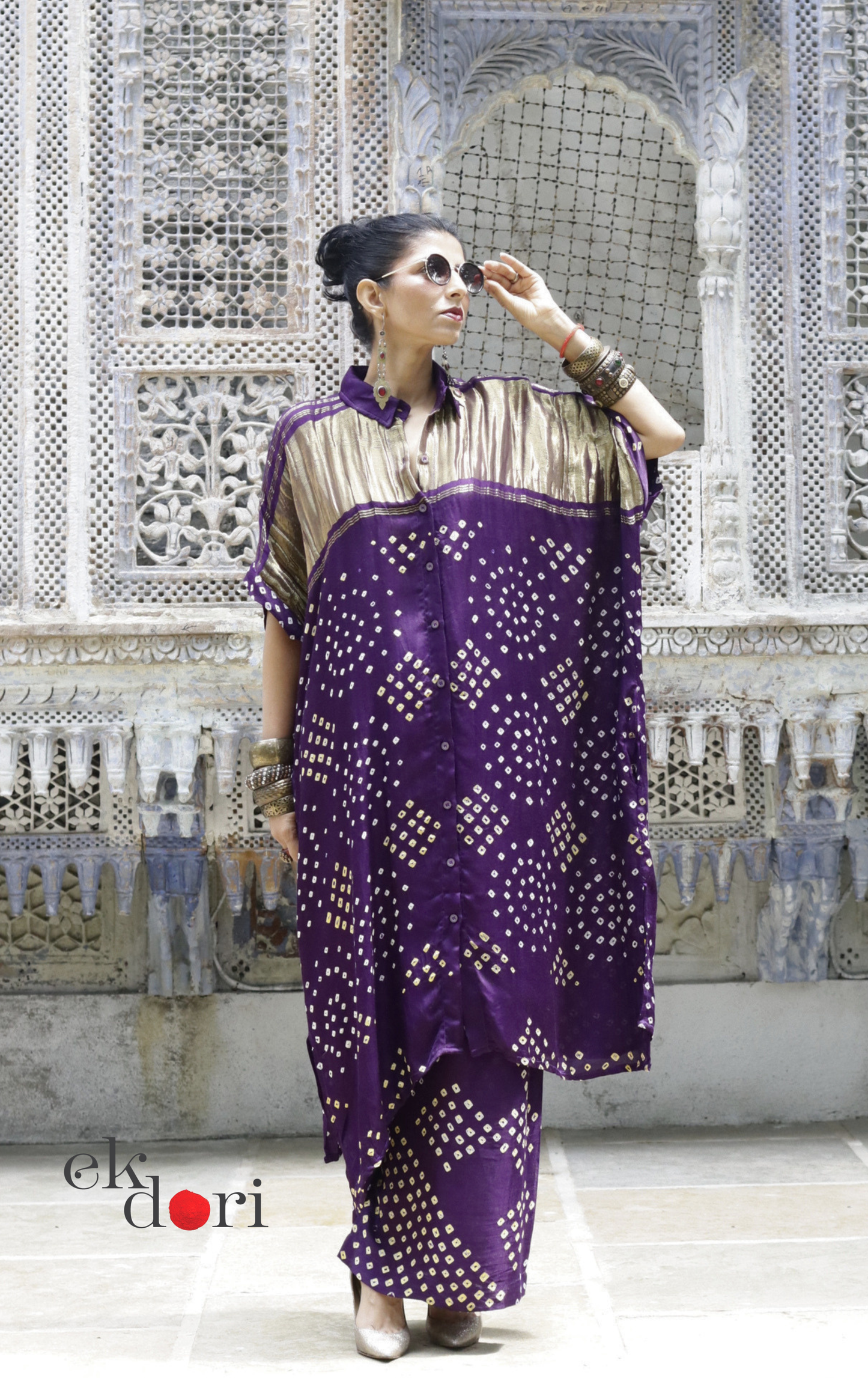 Bandhani Modal Kurta Palazzo Co-ord Set in Purple | 'Jamuni Jaam' | Ek Dori