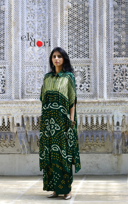 Bandhani Modal Kurta Co-ord Set In Green : Buy Kurta Palazzo Modal Co-ord Bandhani Set 'Forest Safari'