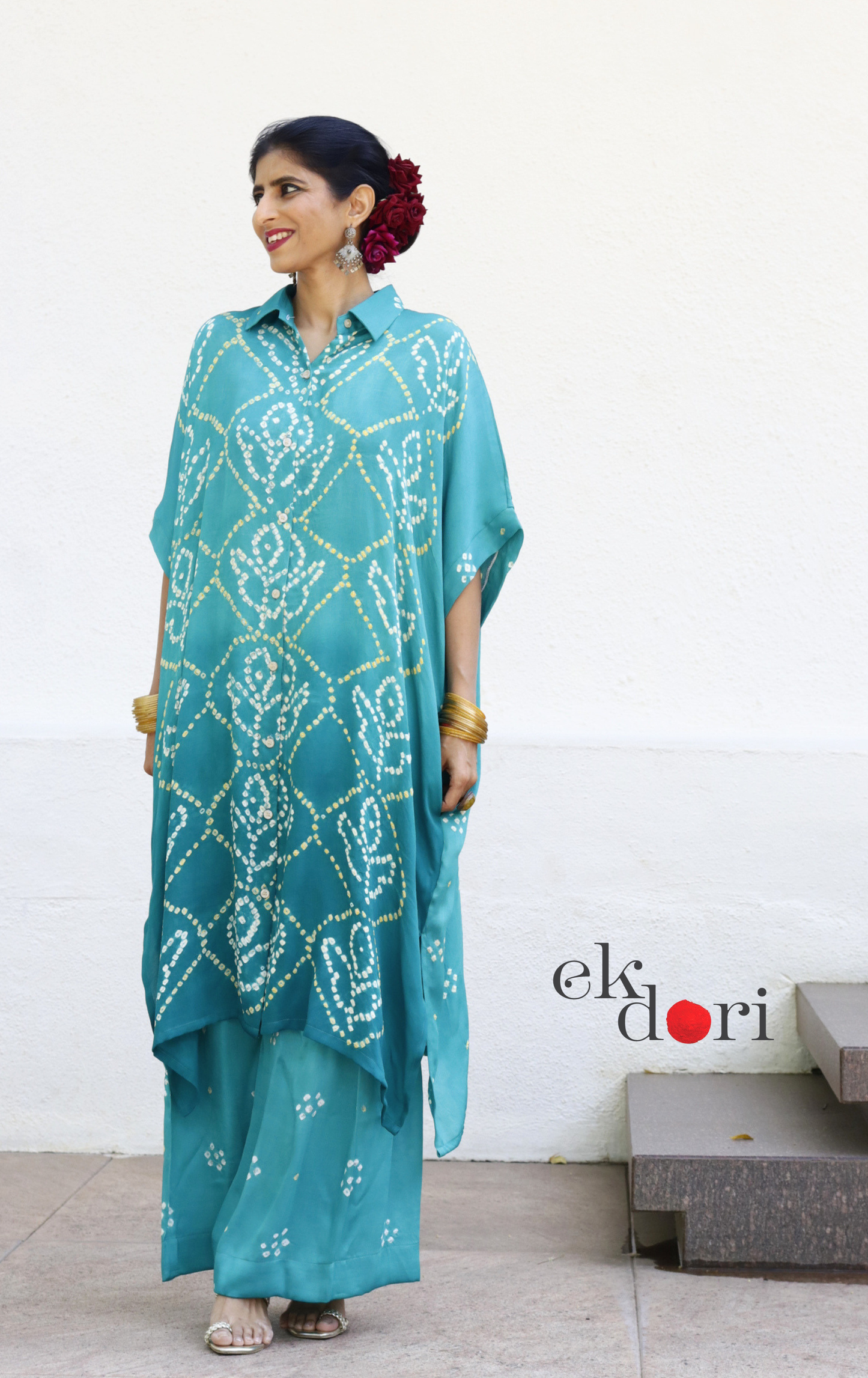 Bandhani Teal Shaded Modal Co-ord Set : Buy Kurta Palazzo Modal Co-ord Set 'Bela'