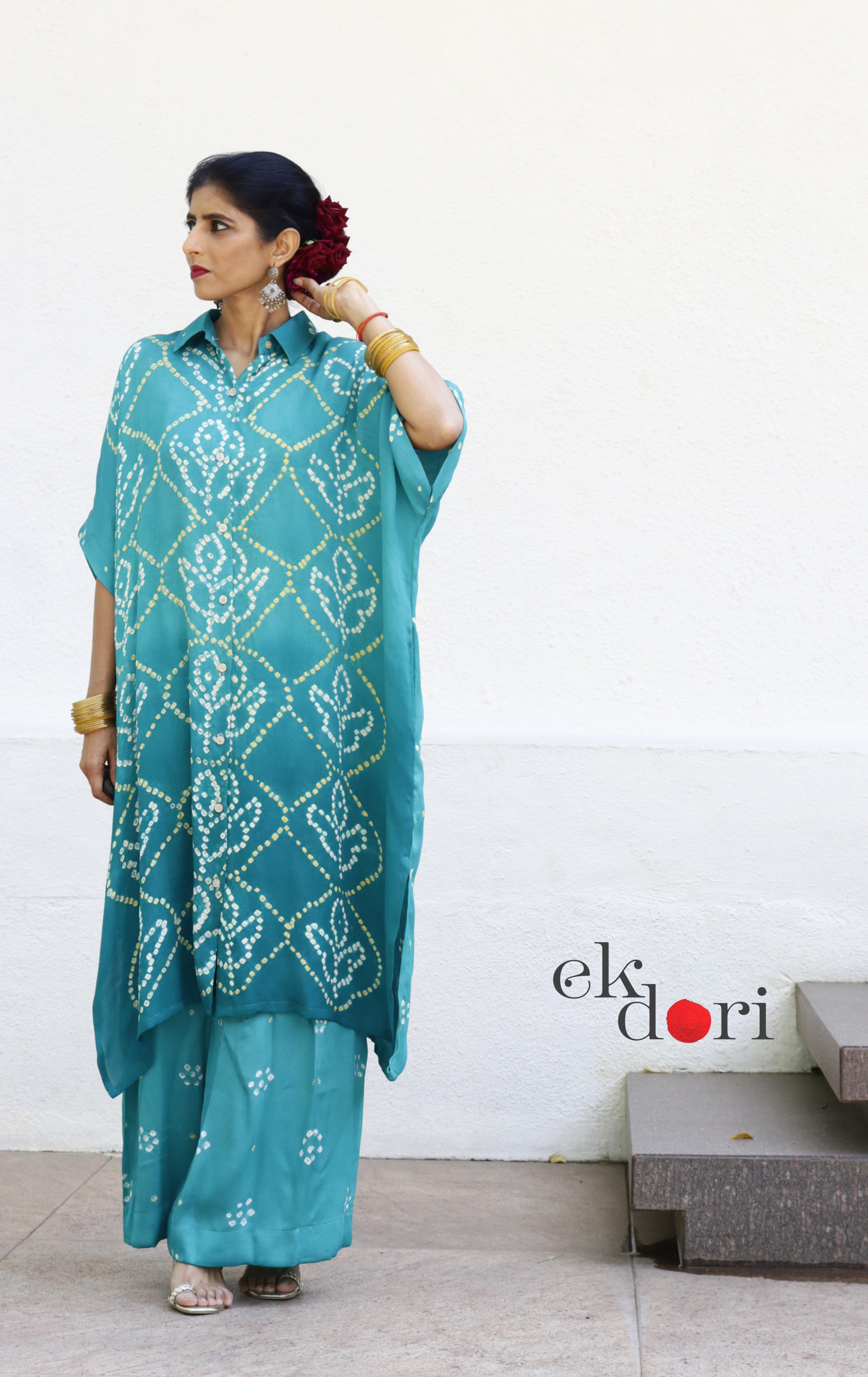 Bandhani Teal Shaded Modal Co-ord Set : Buy Kurta Palazzo Modal Co-ord Set 'Bela'