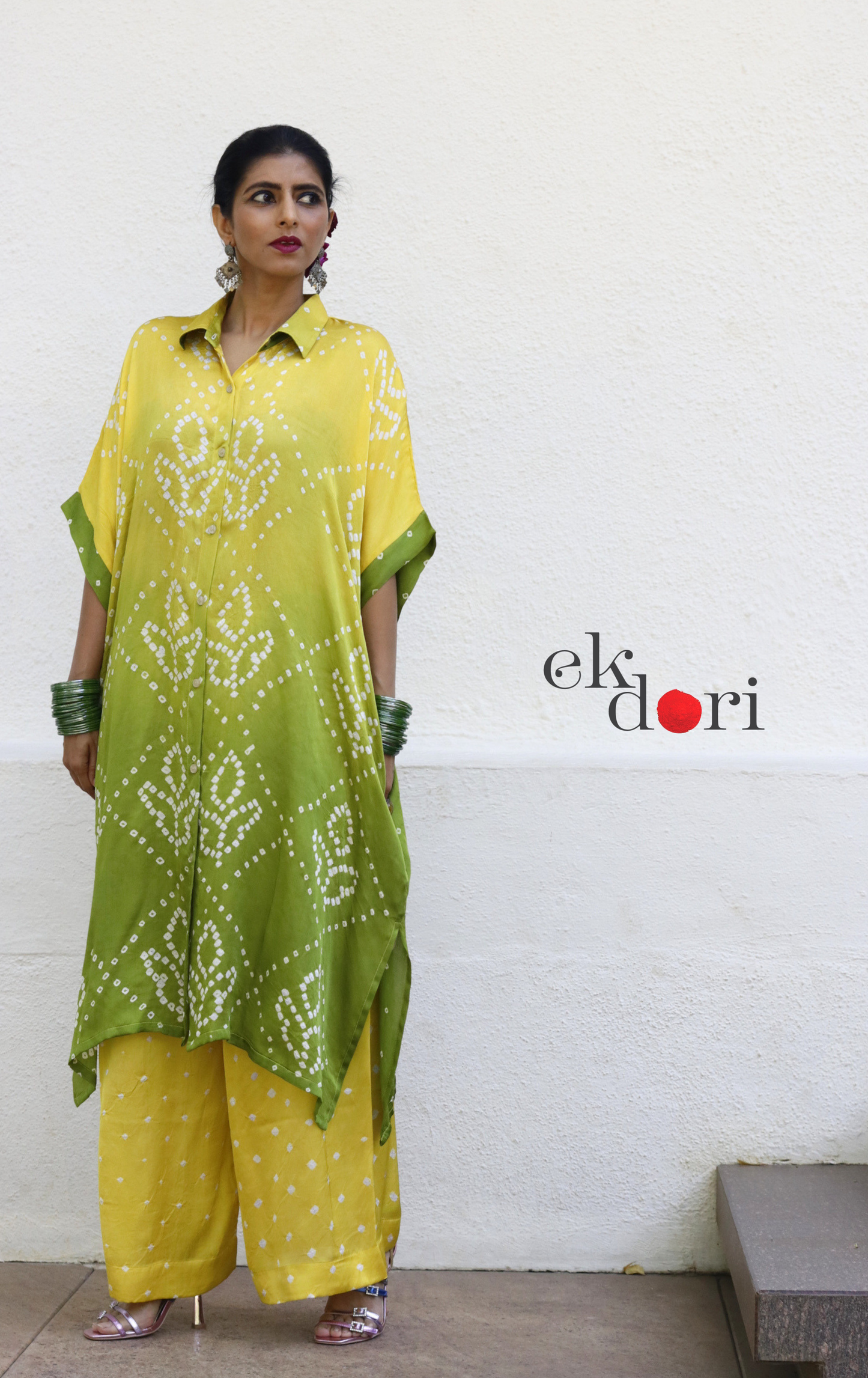 Bandhani Yellow Green Modal Co-ord Set : Buy Kurta Palazzo Modal Co-ord Set 'Sunehri'