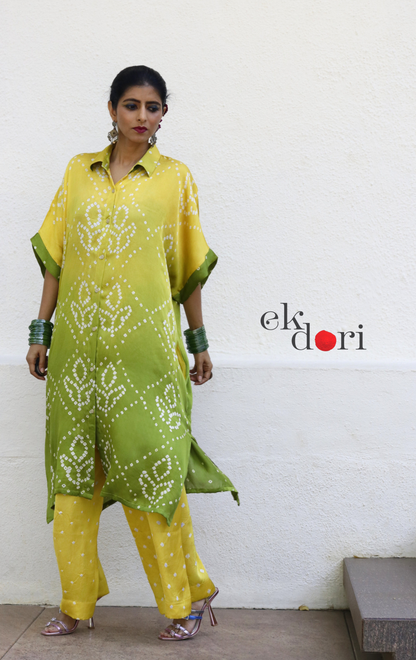 Bandhani Yellow Green Modal Co-ord Set : Buy Kurta Palazzo Modal Co-ord Set 'Sunehri'