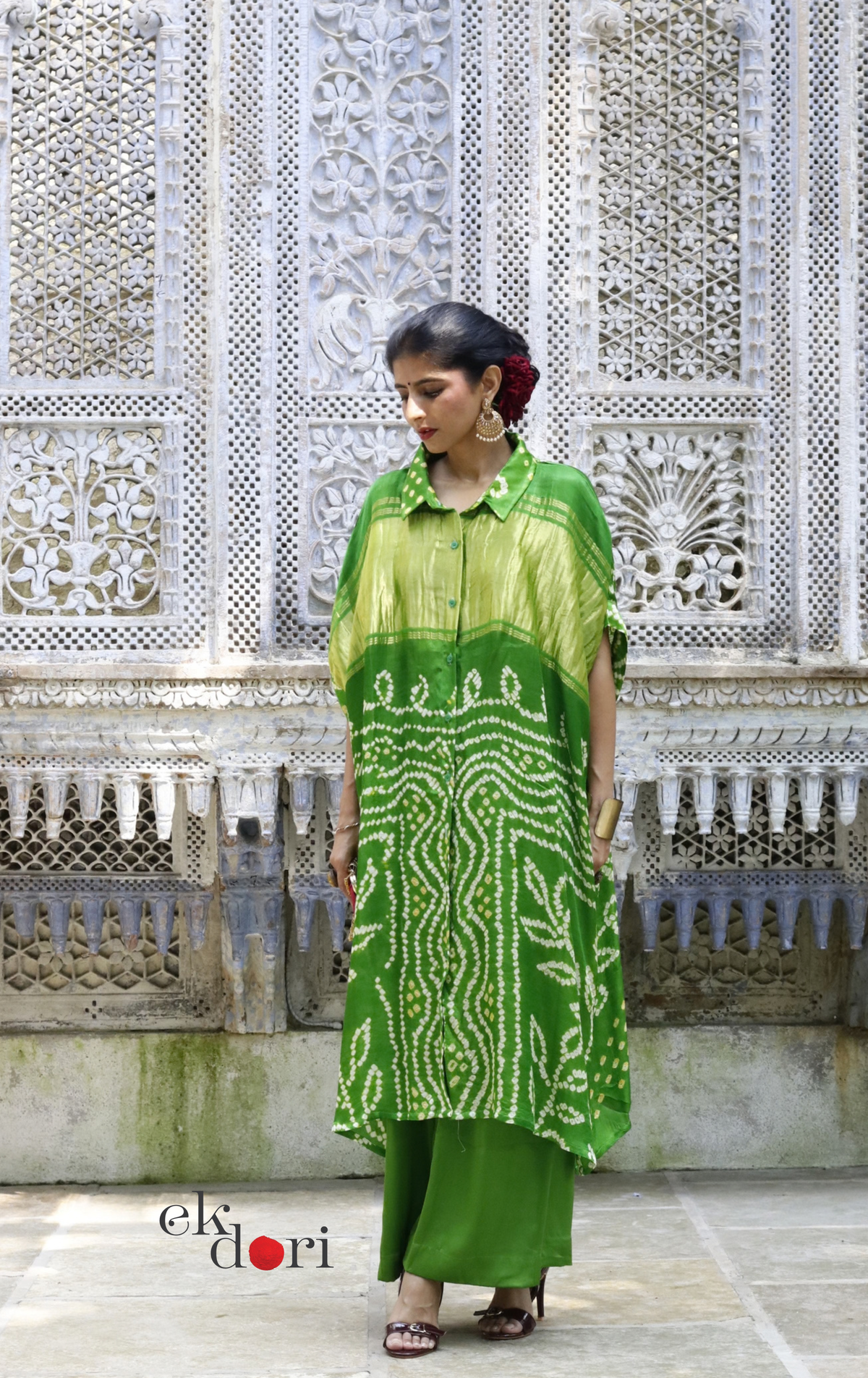 Bandhani Kaftan Kurta Dress 'Tota Green' : Modal Bandhani Kaftan Kurta & Palazzo Set I Free Size