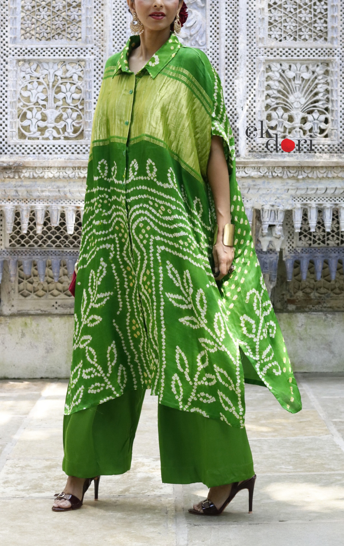Bandhani Kaftan Kurta Dress 'Tota Green' : Modal Bandhani Kaftan Kurta & Palazzo Set I Free Size