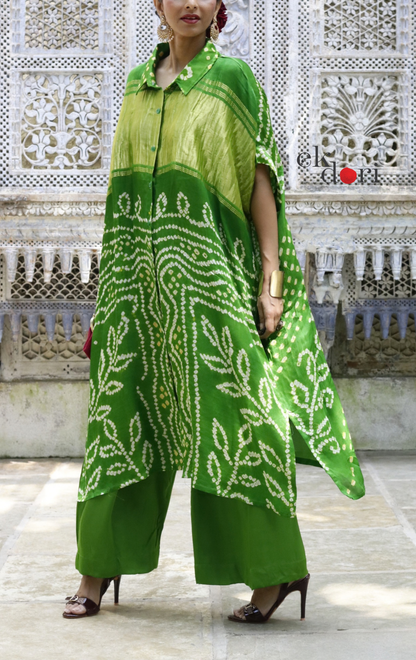Bandhani Kaftan Kurta Dress 'Tota Green' : Modal Bandhani Kaftan Kurta & Palazzo Set I Free Size
