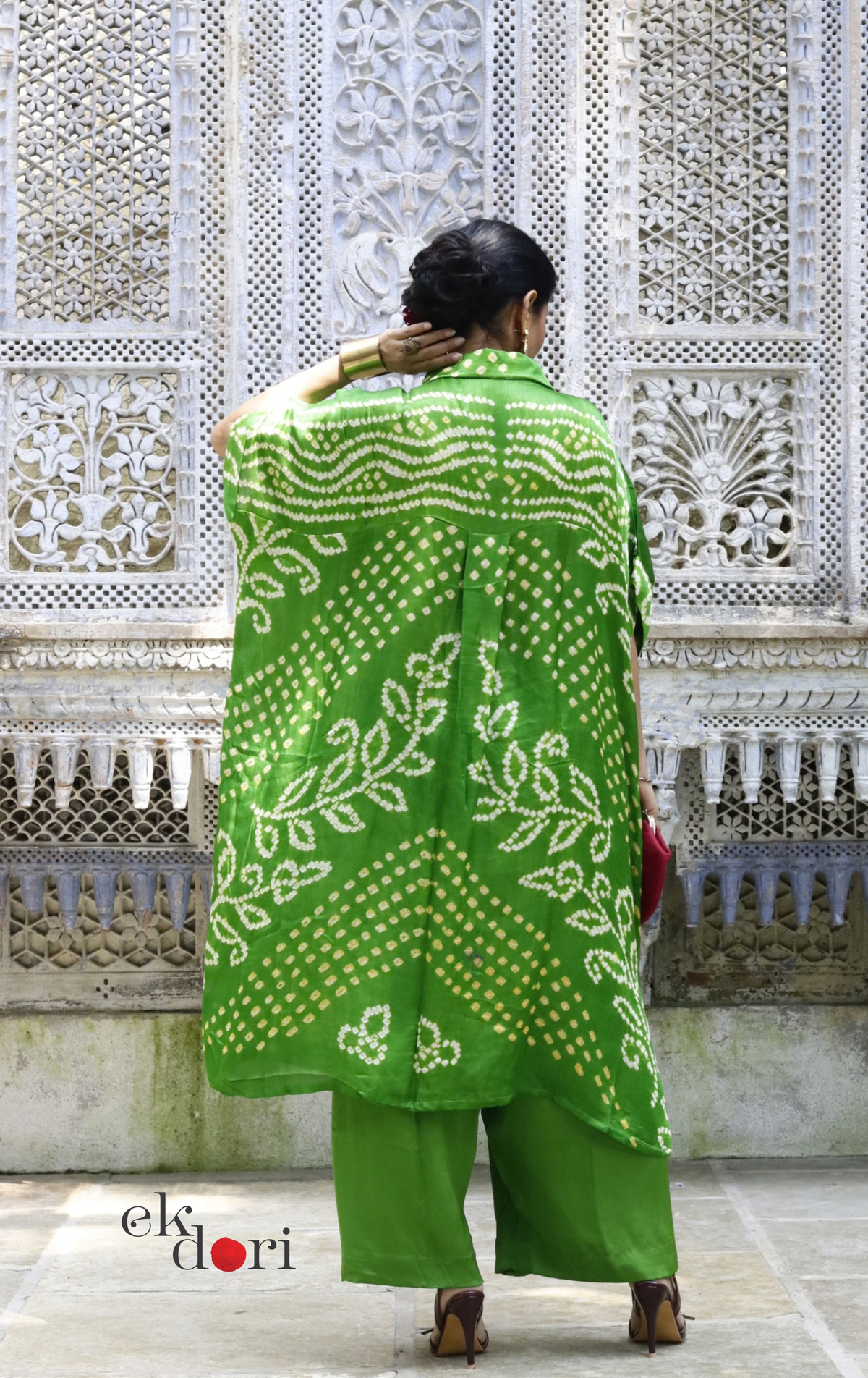 Bandhani Kaftan Kurta Dress 'Tota Green' : Modal Bandhani Kaftan Kurta & Palazzo Set I Free Size