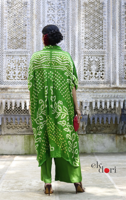 Bandhani Kaftan Kurta Dress 'Tota Green' : Modal Bandhani Kaftan Kurta & Palazzo Set I Free Size