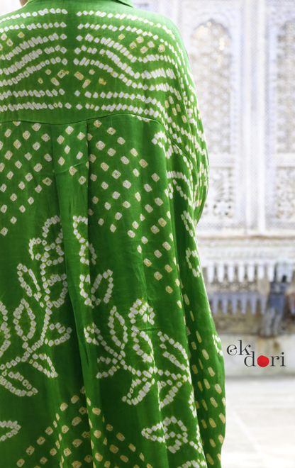 Bandhani Kaftan Kurta Dress 'Tota Green' : Modal Bandhani Kaftan Kurta & Palazzo Set I Free Size