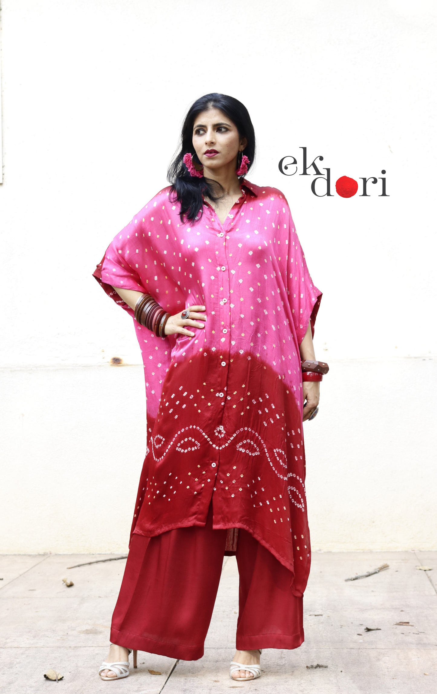 Bandhani Pink Maroon Modal Co-ord Set : Buy Kurta Palazzo Modal Co-ord Set 'Gul'