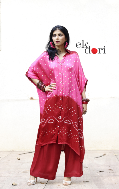 Bandhani Pink Maroon Modal Co-ord Set : Buy Kurta Palazzo Modal Co-ord Set 'Gul'