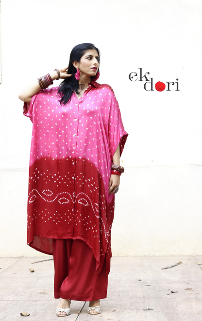 Bandhani Pink Maroon Modal Co-ord Set : Buy Kurta Palazzo Modal Co-ord Set 'Gul'