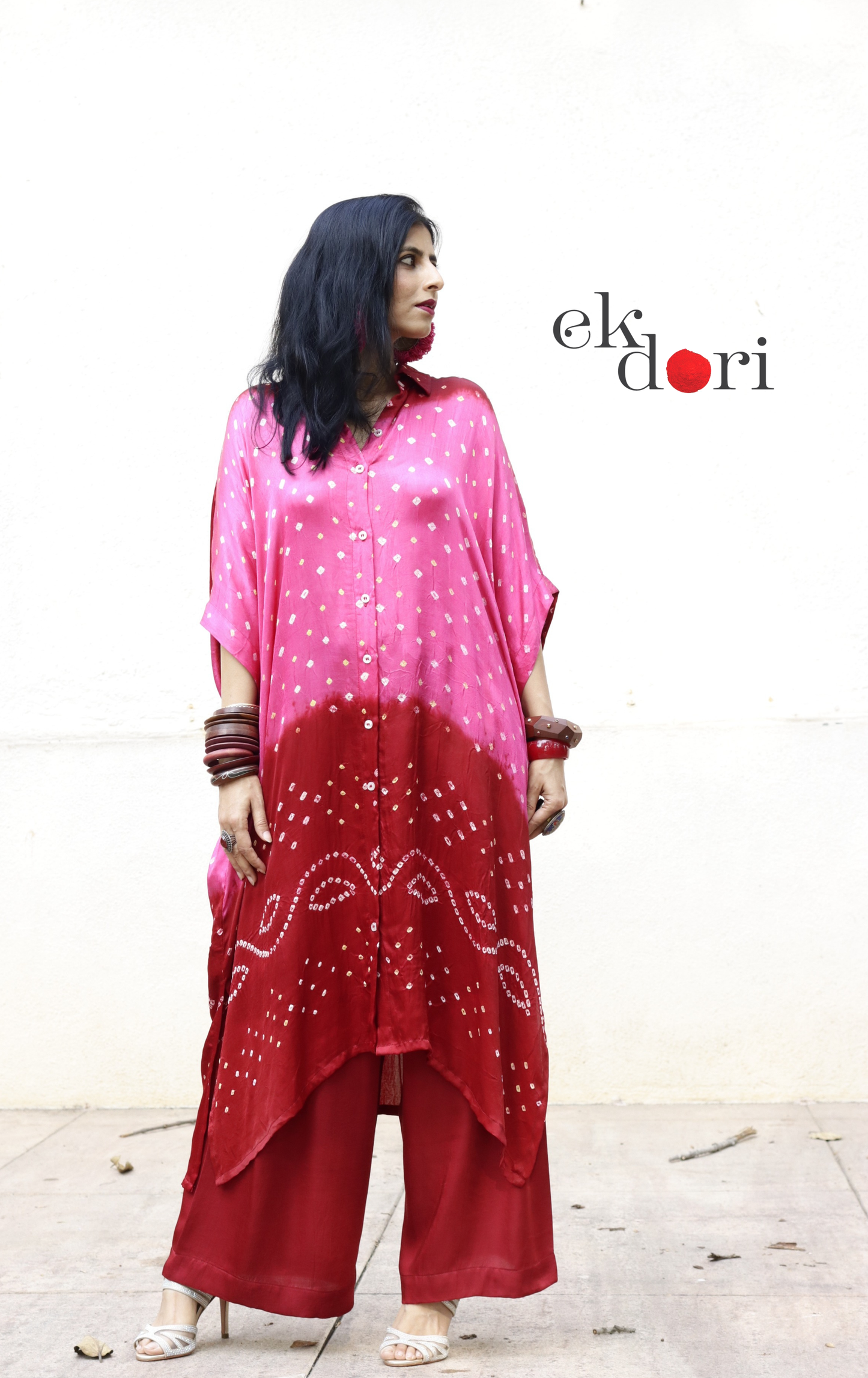 Bandhani Pink Maroon Modal Co-ord Set : Buy Kurta Palazzo Modal Co-ord Set 'Gul'