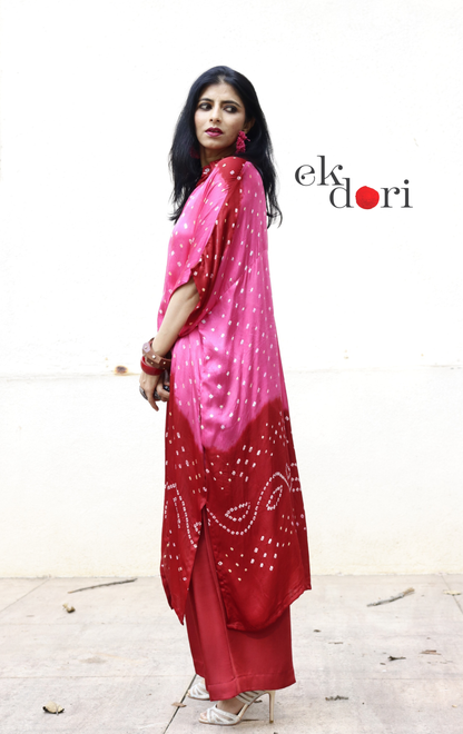 Bandhani Pink Maroon Modal Co-ord Set : Buy Kurta Palazzo Modal Co-ord Set 'Gul'