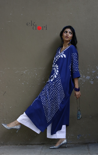 Bandhani Shibori 'Cobalt & Cream' Cotton Co-ord Set : Buy Kurta Palazzo Cotton Co-ord Set Cotton Bandhani Set
