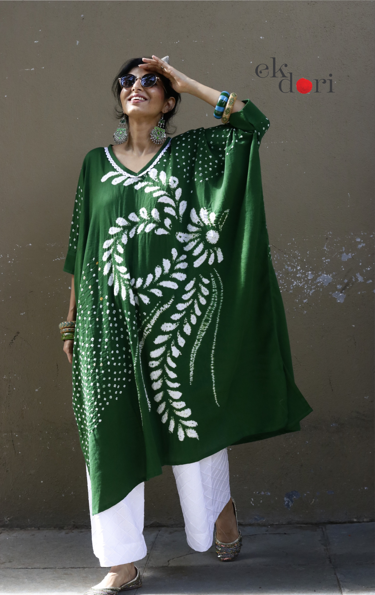 Bandhani Shibori 'Emerald & Ivory' Cotton Co-ord Set : Buy Kurta Palazzo Cotton Co-ord Set Cotton Bandhani Set