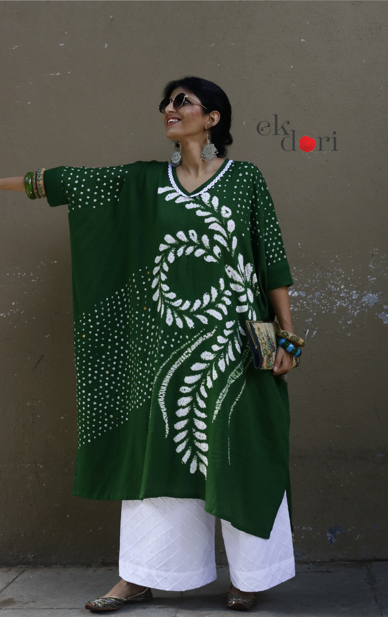 Bandhani Shibori 'Emerald & Ivory' Cotton Co-ord Set : Buy Kurta Palazzo Cotton Co-ord Set Cotton Bandhani Set