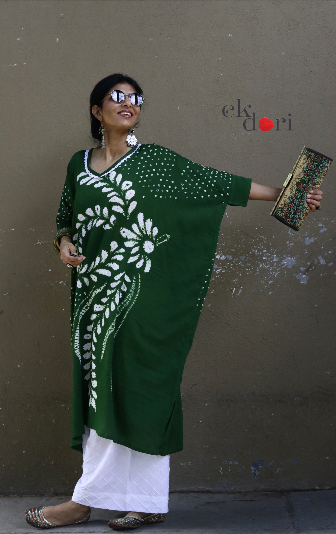 Bandhani Shibori 'Emerald & Ivory' Cotton Co-ord Set : Buy Kurta Palazzo Cotton Co-ord Set Cotton Bandhani Set