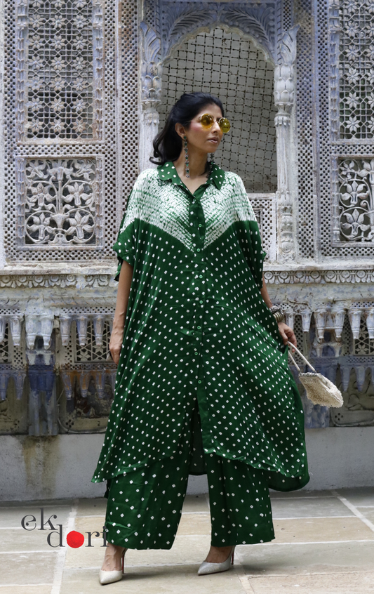Bandhani Shibori Modal Kurta Co-ord Set In Green : Buy Kurta Palazzo Modal Co-ord Bandhani Set 'Forest Safari'