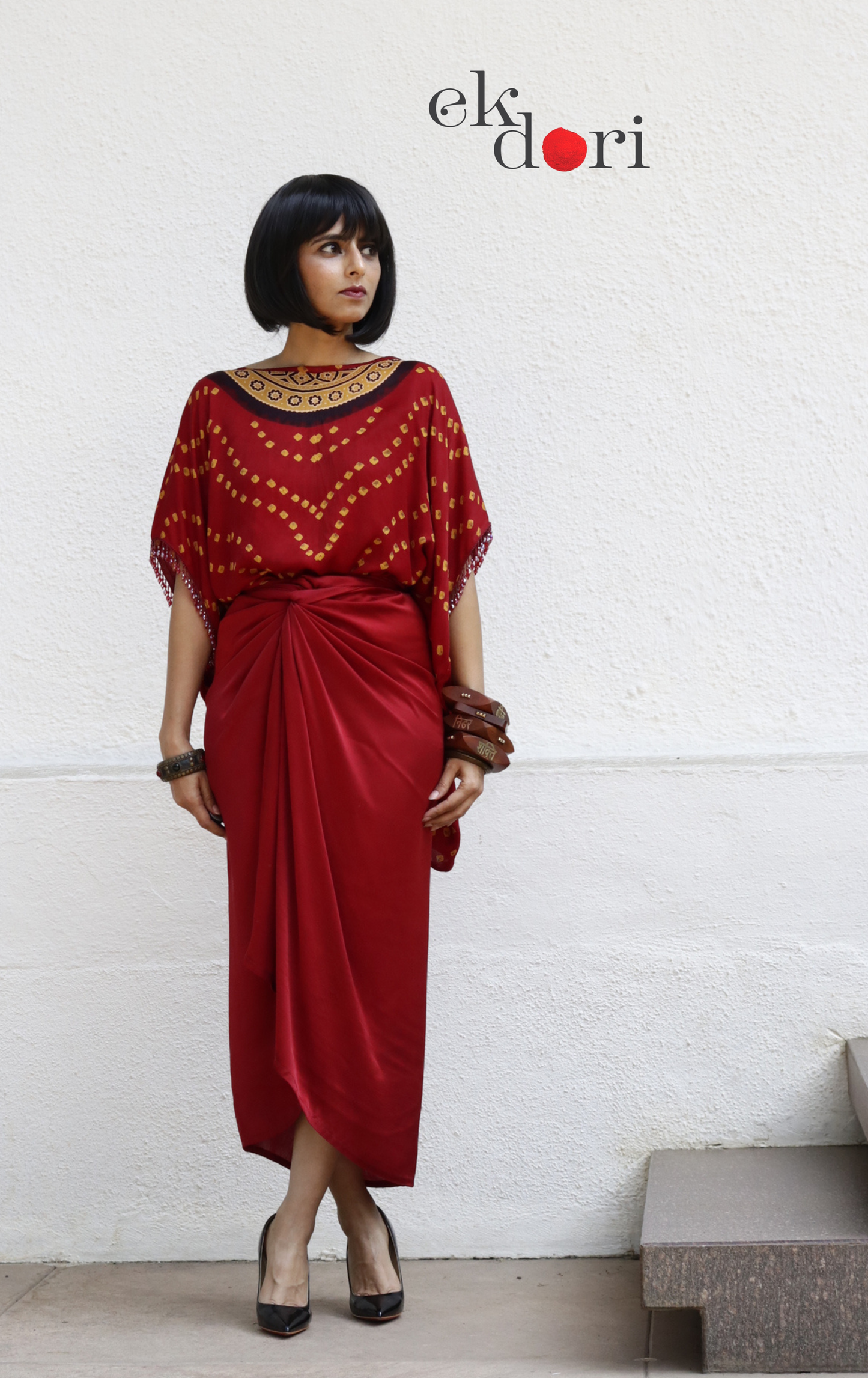 Bandhani Modal Co-ord Skirt Set 'Haldi Kumkum' : 2 Piece Skirt & Bandhani Top Set