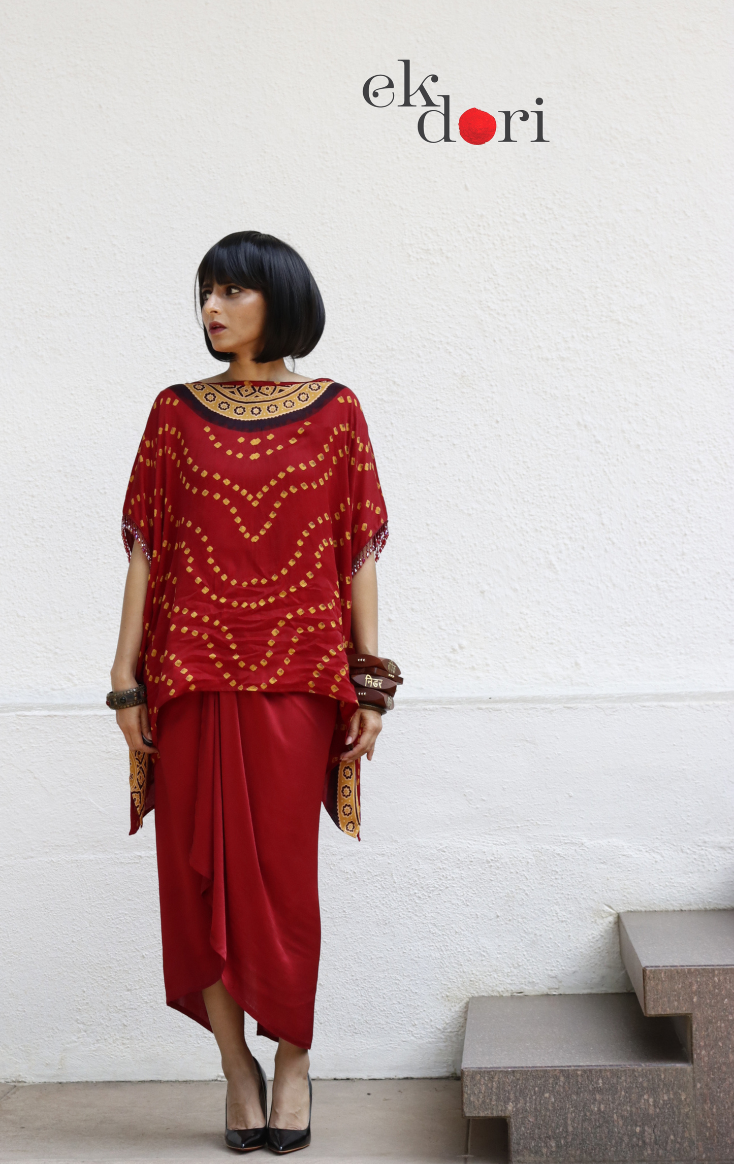 Bandhani Modal Co-ord Skirt Set 'Haldi Kumkum' : 2 Piece Skirt & Bandhani Top Set