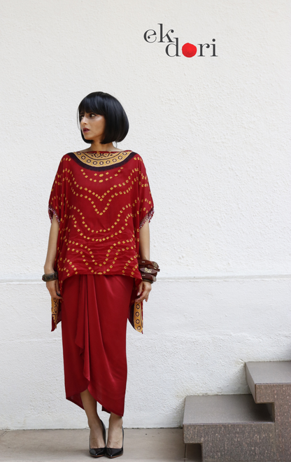 Bandhani Modal Co-ord Skirt Set 'Haldi Kumkum' : 2 Piece Skirt & Bandhani Top Set