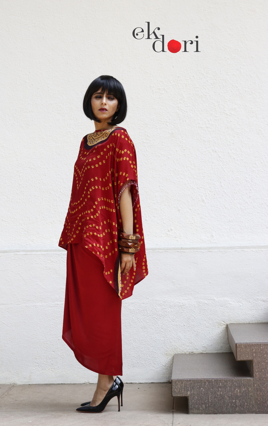 Bandhani Modal Co-ord Skirt Set 'Haldi Kumkum' : 2 Piece Skirt & Bandhani Top Set