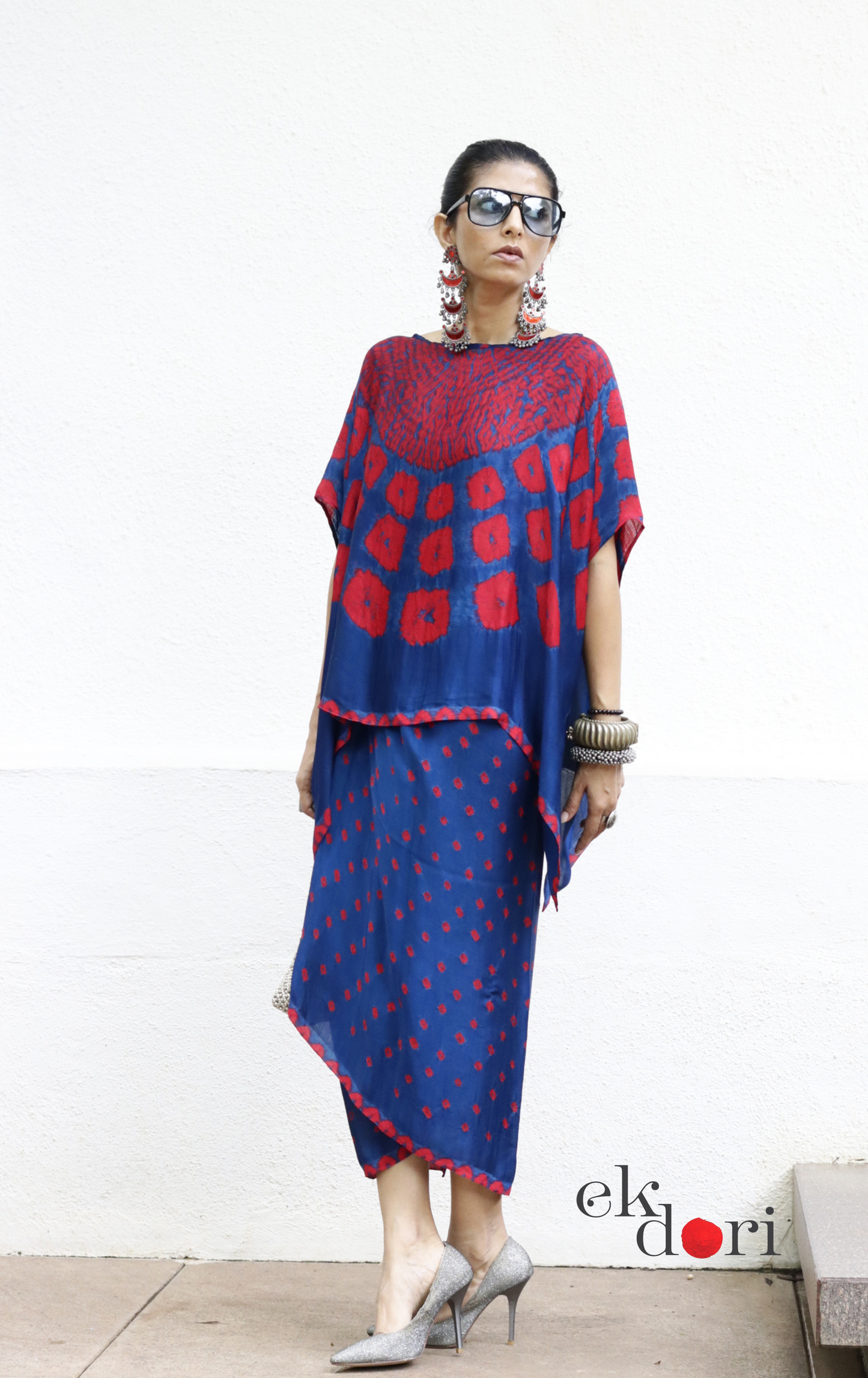 Bandhani Modal Co-ord Skirt Set 'Neela Ambar' : 2 Piece Skirt &amp; Bandhani Top Set