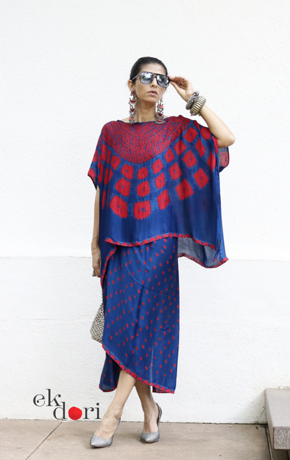 Bandhani Modal Co-ord Skirt Set 'Neela Ambar' : 2 Piece Skirt &amp; Bandhani Top Set