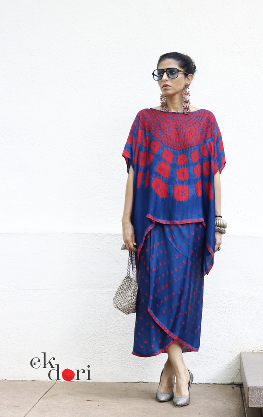Bandhani Modal Co-ord Skirt Set 'Neela Ambar' : 2 Piece Skirt &amp; Bandhani Top Set