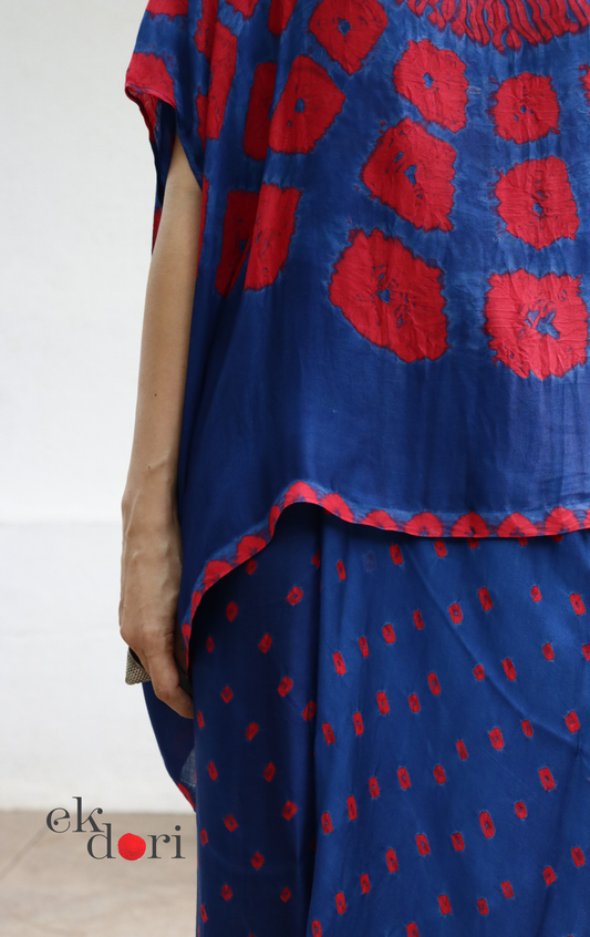 Bandhani Modal Co-ord Skirt Set 'Neela Ambar' : 2 Piece Skirt &amp; Bandhani Top Set
