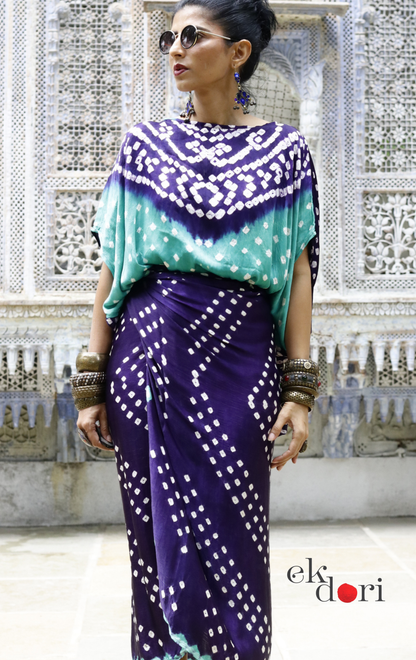 Bandhani Modal Co-ord Skirt Set 'Ocean' : 2 Piece Skirt & Bandhani Top Set