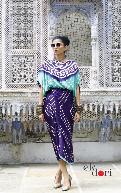 Bandhani Modal Co-ord Skirt Set 'Ocean' : 2 Piece Skirt & Bandhani Top Set