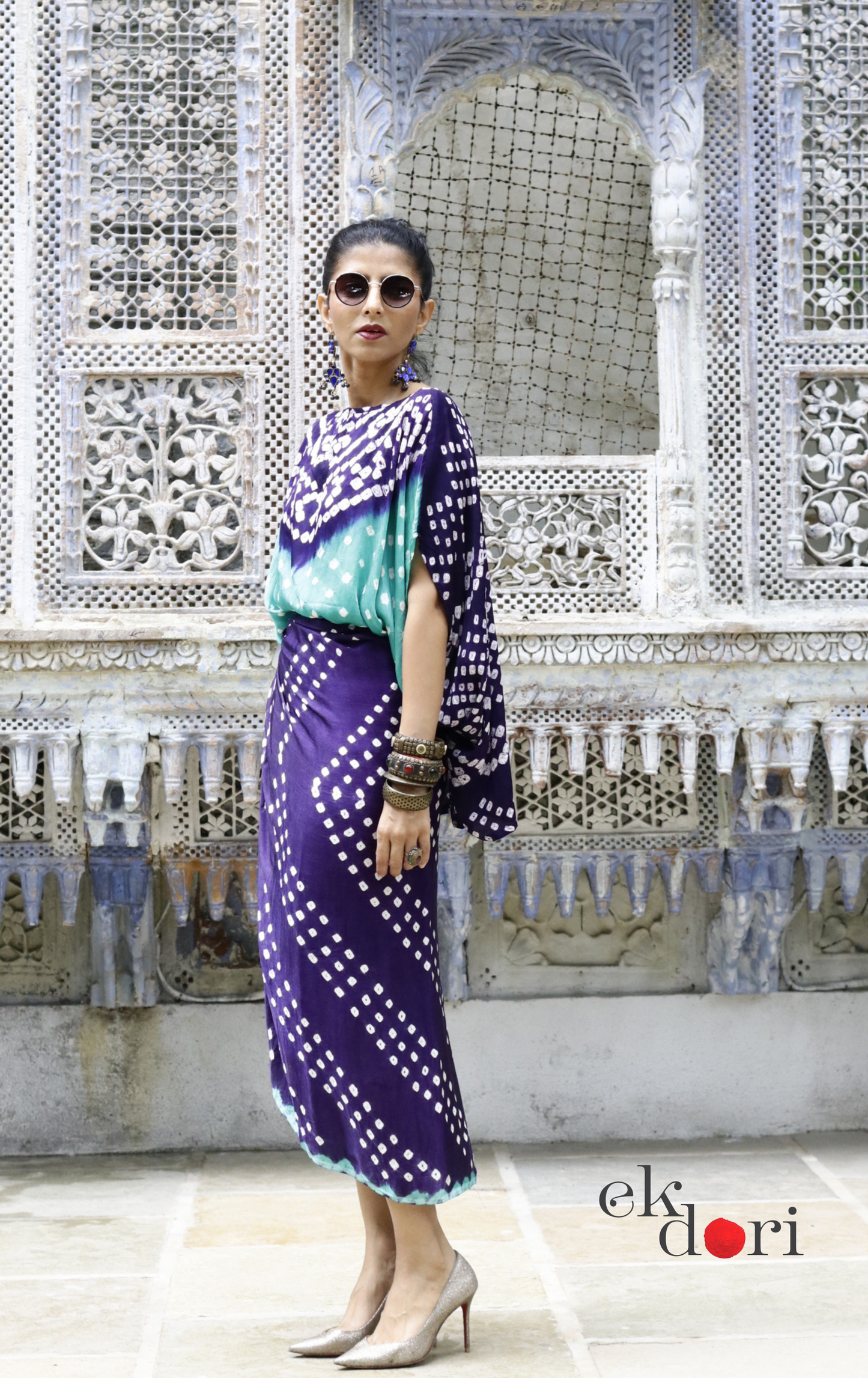 Bandhani Modal Co-ord Skirt Set 'Ocean' : 2 Piece Skirt & Bandhani Top Set