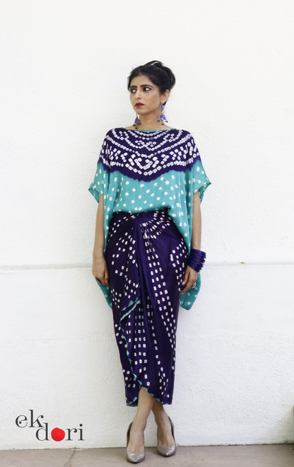 Bandhani Modal Co-ord Skirt Set 'Ocean' : 2 Piece Skirt & Bandhani Top Set
