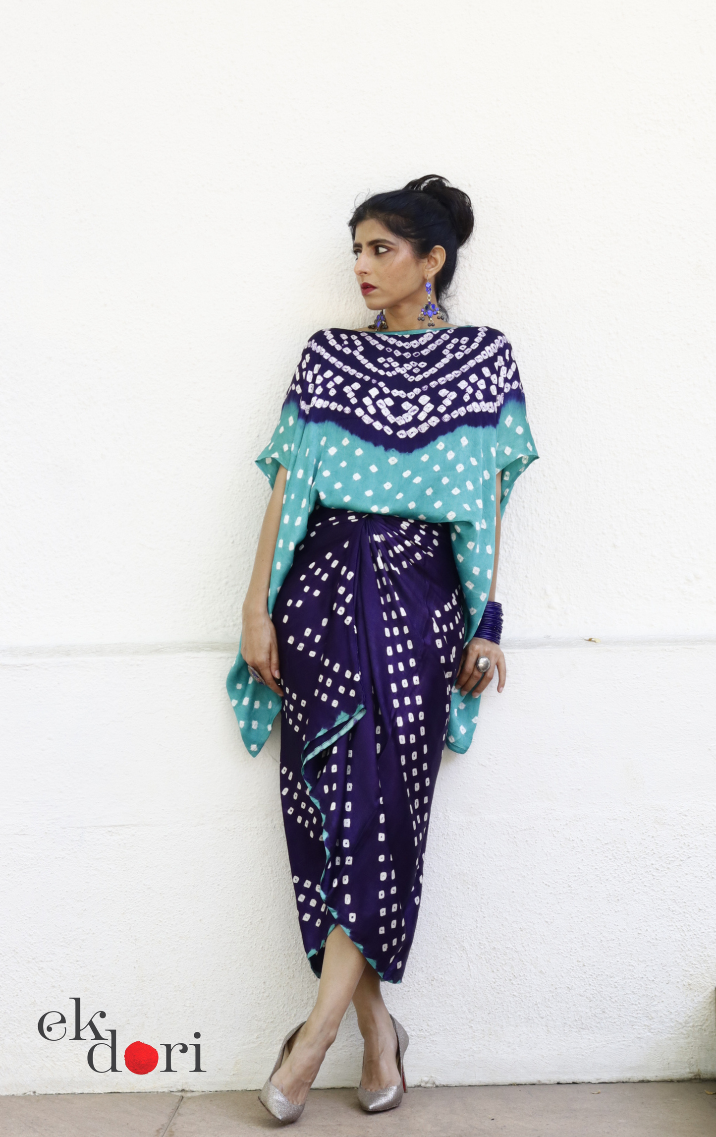 Bandhani Modal Co-ord Skirt Set 'Ocean' : 2 Piece Skirt & Bandhani Top Set